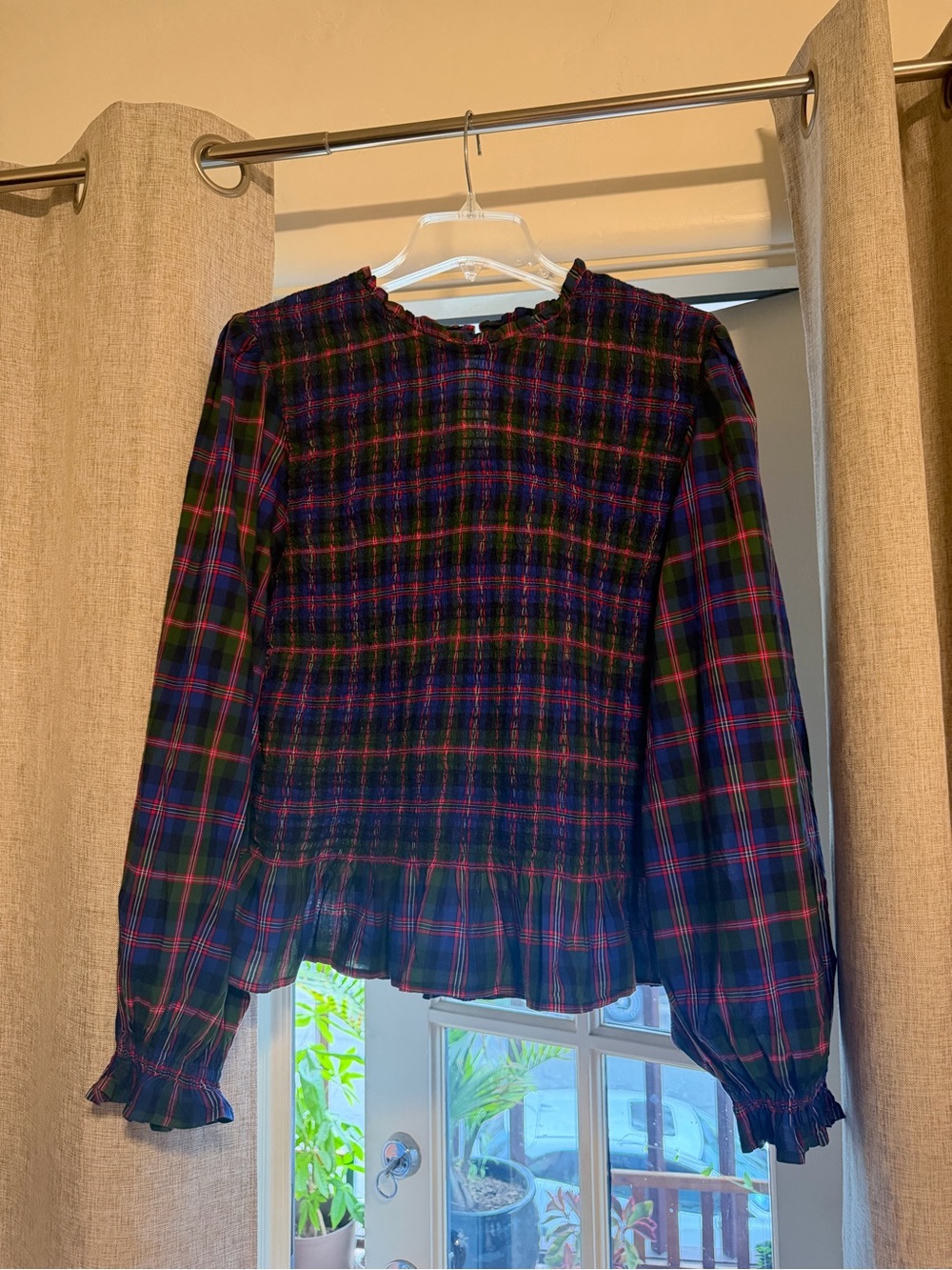 Old Navy Navy and Green Plaid Ruffle-Hem Blouse size XL